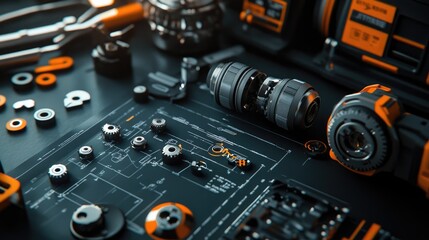 Fototapeta premium Close-Up of Mechanical Tools and Components in Orange and Black Design