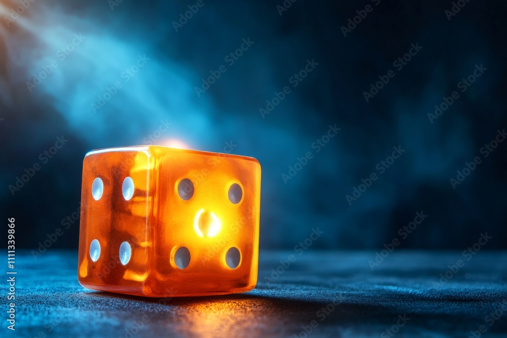 Poster glowing orange dice on a textured surface with smoke effect.