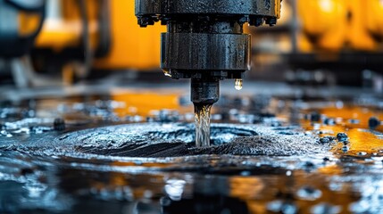 Industrial Cutting Tool with Water Jet Stream in Machine Workshop