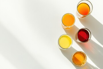 Different drinks in glasses, including vibrant juice, tea, and soda, are arranged neatly on a white background, allowing for versatile text placement. Generative AI
