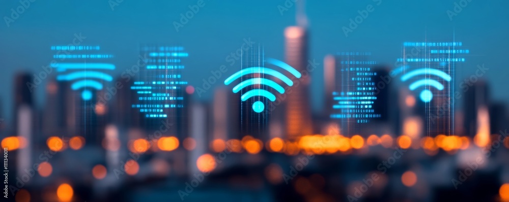 Poster city skyline with digital wifi signals and data visualization.
