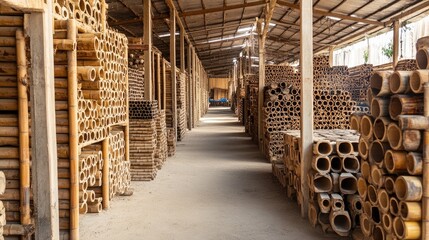 Fototapeta premium Abundant Bamboo Storage and Stacks in Warehouse Interior Space