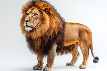 Obraz premium Majestic Male Lion Standing Against White Background