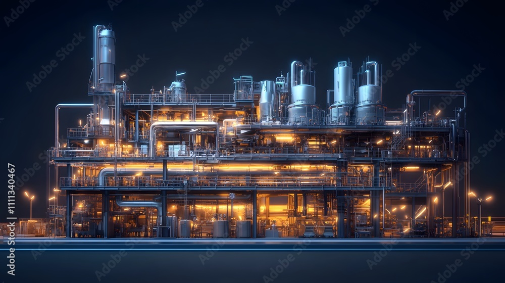 Poster a computer generated image of a city with a large industrial plant in the center. the image has a fu