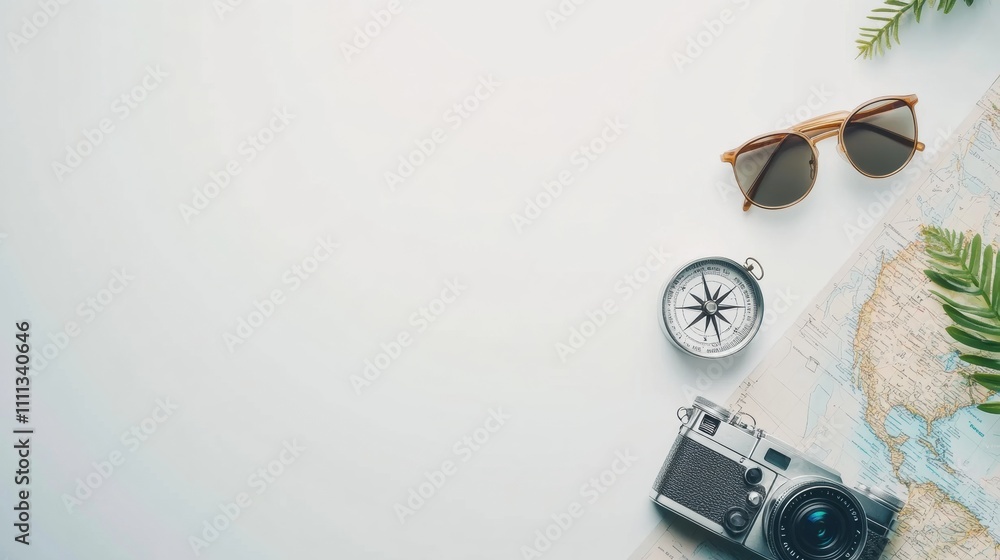 Aufkleber travel essentials like a map, compass, small camera, and sunglasses are arranged on a white backgrou