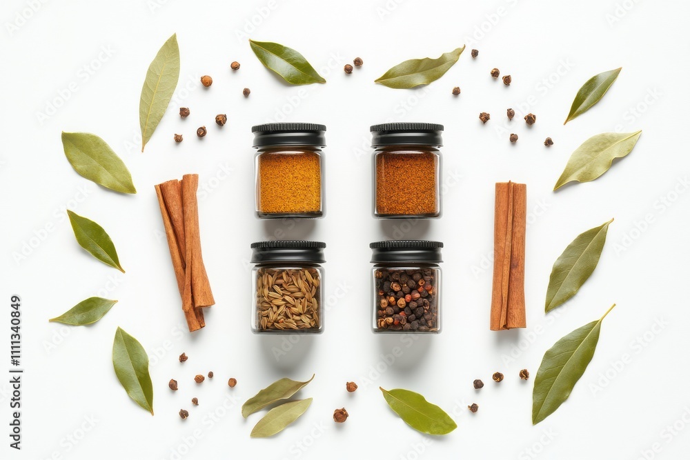 Poster Small jars filled with vibrant spices are surrounded by bay leaves and cinnamon sticks, creating an aromatic display with space for text. Generative AI