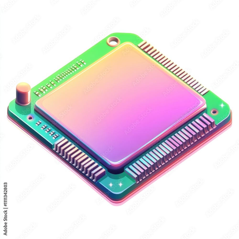 Poster isometric view of a colorful microchip.