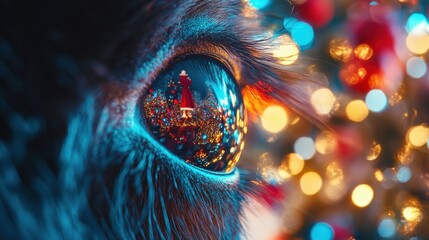 Close-Up of Reindeer Eye Reflecting Holiday Lights