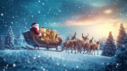 Santa in Winter Wonderland with Reindeer Team