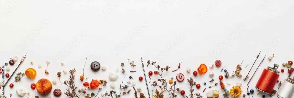 Poster colorful sewing essentials like needles, buttons, and thread are placed on a white surface, allowing