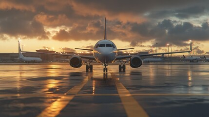 3D Rendering of Jet Airplane on Runway at Sunset