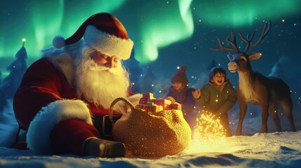 Santa Claus Resting Beside His Reindeer in Winter Scene