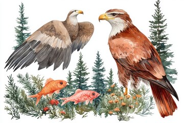 A watercolor illustration featuring birds and fish among greenery.