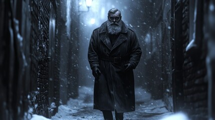 A mature man with a long beard walks down a snowy alleyway at night.  The dark, cold setting enhances his serious expression.
