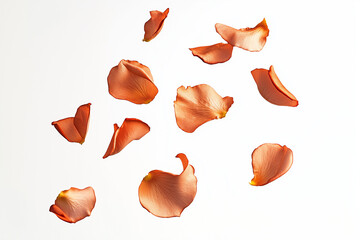copper-colored rose pedals falling in the air white background