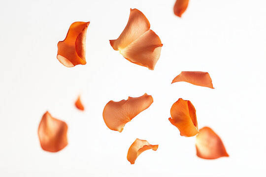 copper-colored rose pedals falling in the air white background