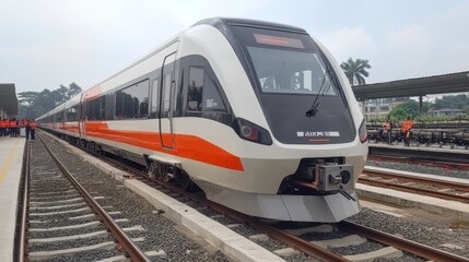 Naklejka premium Sleek EMU Train Design on Railway Track