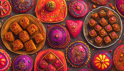 diwali festival sweets in detailed hand painted style
