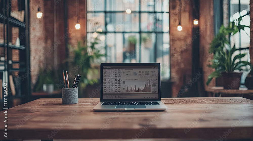 Aufkleber modern workspace with laptop displaying data analysis on wooden table