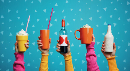 Hands in the air holding ice-cream and soda drinks to celebrate hot summer holiday vibes, blue...