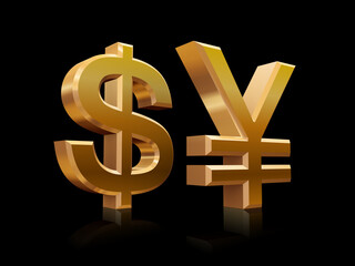 3Dの通貨マーク、ドル・円