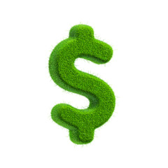 3D dollar sign shape with green grass on white background. Business growth, finance, success and profit. Natural energy saving. world economy and ecology. Object with clipping path. 3D Illustration.