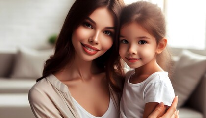 Beautiful young mother and little daughter bonding looking at camera