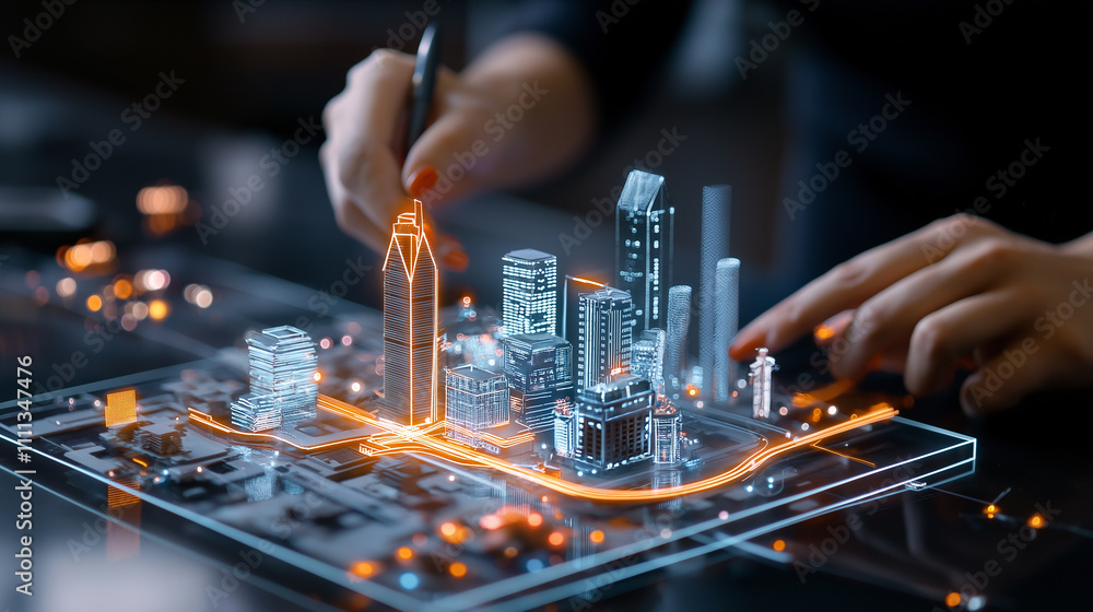Aufkleber smart city model being designed with glowing elements and intricate details