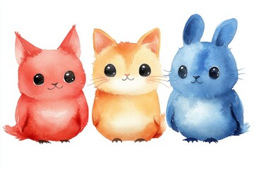 Obraz premium Cute watercolor illustrations of a red cat, orange cat, and blue bunny.