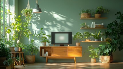 Vintage television displaying test pattern in cozy living room with green walls and indoor plants home decor tranquil atmosphere nature-inspired artistic perspective for modern aesthetics