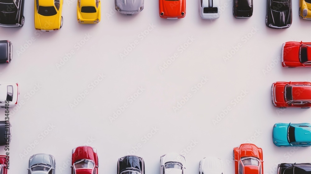 Poster Colorful miniature cars are neatly arranged on a clean white surface, creating a unique layout with space for additional text or designs. Generative AI