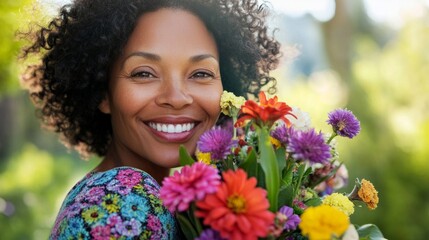 Fototapeta premium Happy woman hugging a colorful bouquet of spring flowers, smiling warmly, generative ai