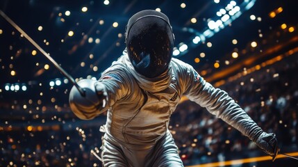 Naklejka premium A man in a space suit is fencing in a stadium