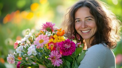 Fototapeta premium Happy woman hugging a colorful bouquet of spring flowers, smiling warmly, generative ai