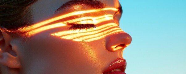 Close-up of a woman s face with luminous, glowing skin in the afternoon sun