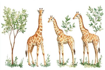 Three illustrated giraffes among greenery, showcasing their unique patterns and features.