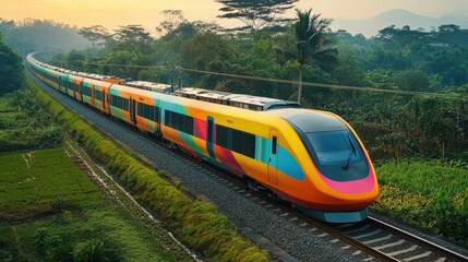 Naklejka premium Vibrant EMU Train in Lush Landscape