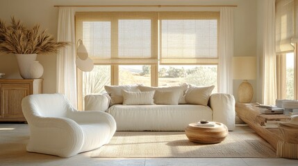 A serene, minimalist living room with soft furnishings and natural light.