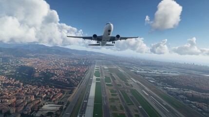 Airplane Ascending Over Cityscape and Airport Runway