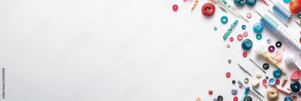 Aufkleber Various sewing tools are neatly arranged on a white surface, featuring colorful buttons, threads, and needles, leaving space for text or design. Generative AI
