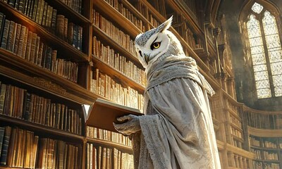 An owl in a library, dressed in a robe, reading a book among shelves of ancient texts.