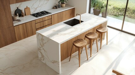 Modern kitchen with a marble island and wooden accents, featuring bar stools.