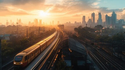 Sunrise View of Jakarta MRT Train in Urban Landscape