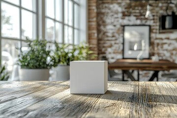 Fototapeta premium White Box Mockup on Rustic Wooden Table with Sunbeams, Modern Interior Design Inspiration