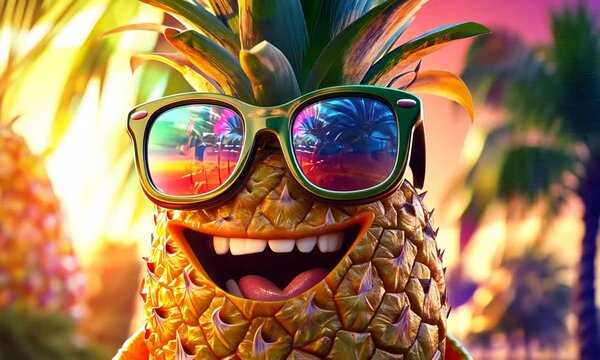 A cheerful pineapple wearing sunglasses, smiling in a vibrant, tropical setting.