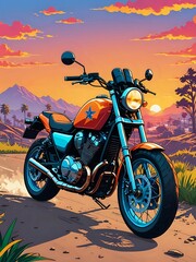 Motorbike illustration, motor vector isolated, bike in nature and sunset illustration