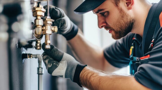 A focused view of a plumber installing plumbing fixtures in a luxury hotel renovation project, Luxury hotel renovation scene, Plumbing fixture installation style