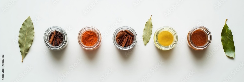 Poster Vibrant jars filled with spices, accompanied by bay leaves and cinnamon sticks, create an aromatic display with room for text. Generative AI