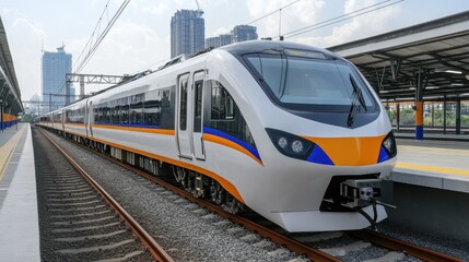 Naklejka premium Sleek Modern Train at Station under Bright Sky