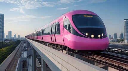 Naklejka premium Sleek Pink Train on Elevated Track in Urban Setting